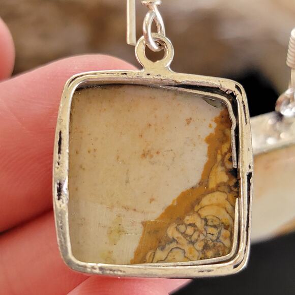 Sterling Silver Square Jasper Dangle Earrings - Picture 6 of 9